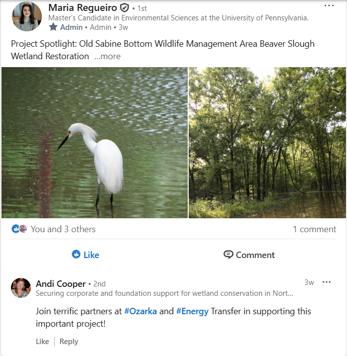 Screenshot of a post from the TxWAC LinkedIn Group about the Old Sabine Bottom Wildlife Management Area Beaver Slough project.