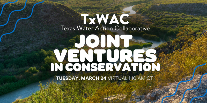 March 2026 TxWAC mtg graphic of a verdant river in the background and text reading "Joint Ventures in Conservation" in white in the foreground