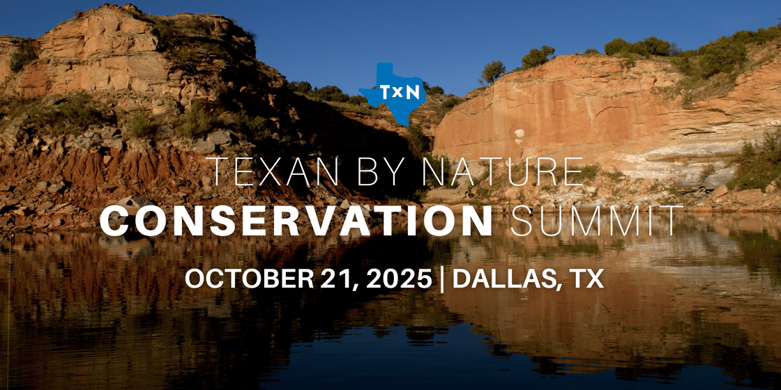Photo of a red mountain canyon landscape behind a lake with the text "Texan by Nature, Conservation Summit , October 21, 2025, Dallas, TX" centered on the photo in white